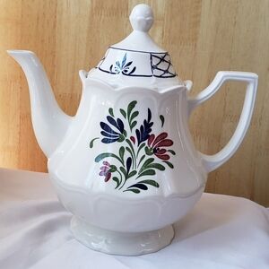 Floral White Teapot with Blue and Red Accents